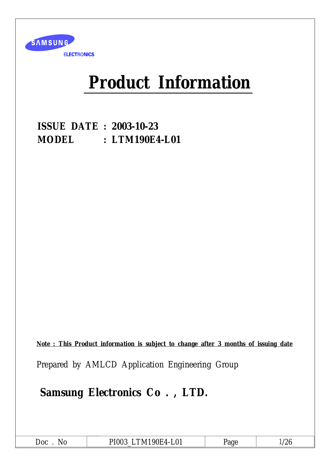 SAMSUNG LTM190E4-L01 Specification