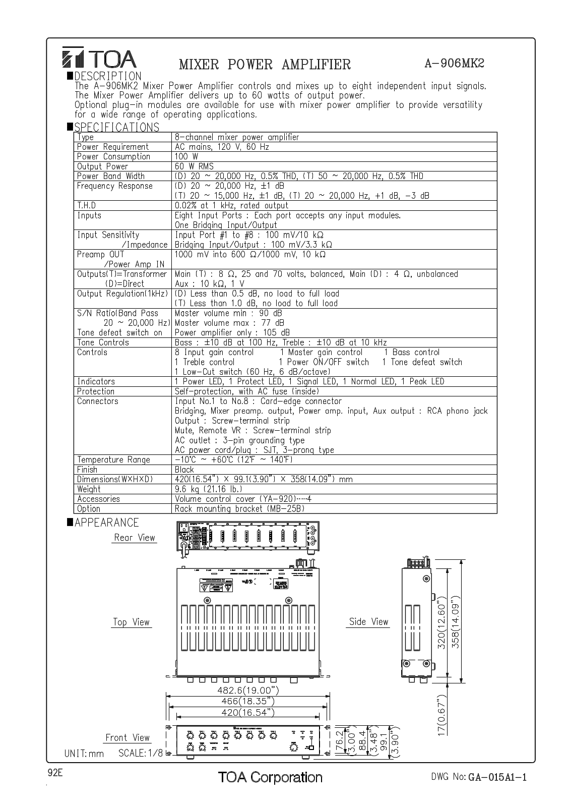 TOA A-906MK2 UL User Manual