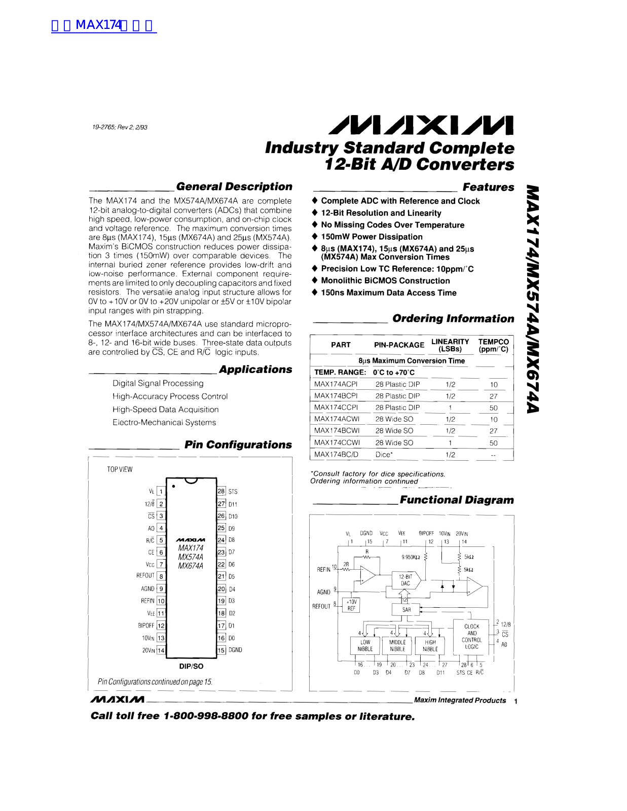 MAXIM MAX174, MAX574A Technical data