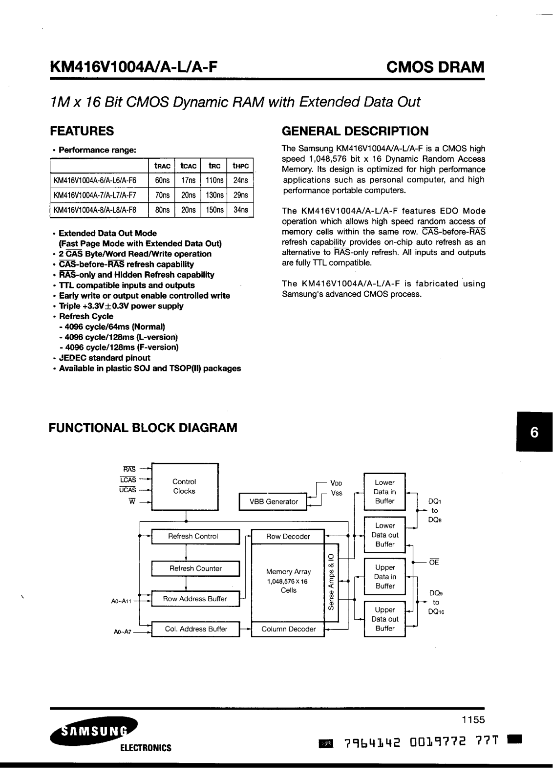 Samsung KM416V1004AR-L7, KM416V1004AR-L6, KM416V1004AR-F8, KM416V1004AR-F7, KM416V1004AR-7 Datasheet