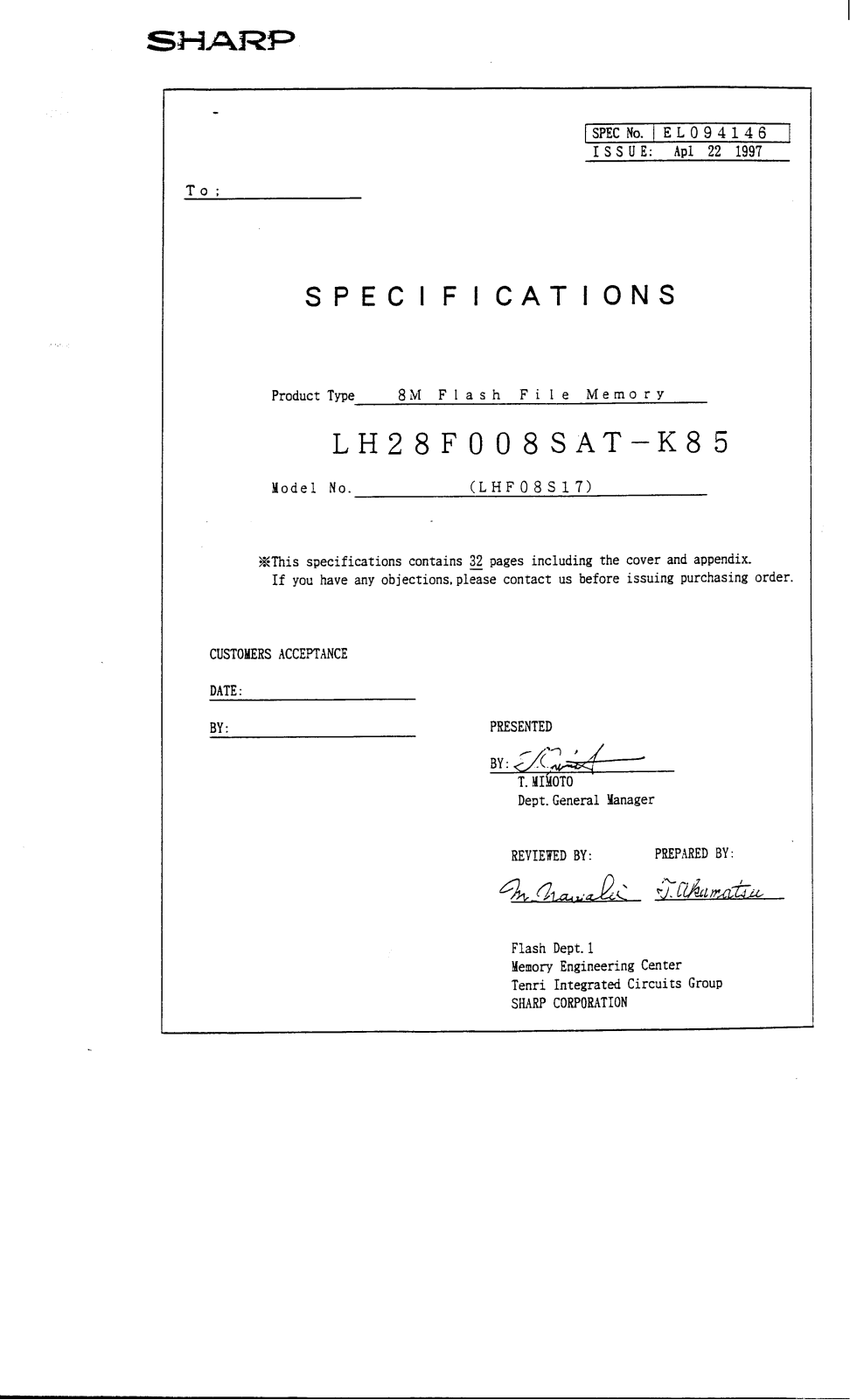 Sharp LH28F008SAT-K85 Datasheet