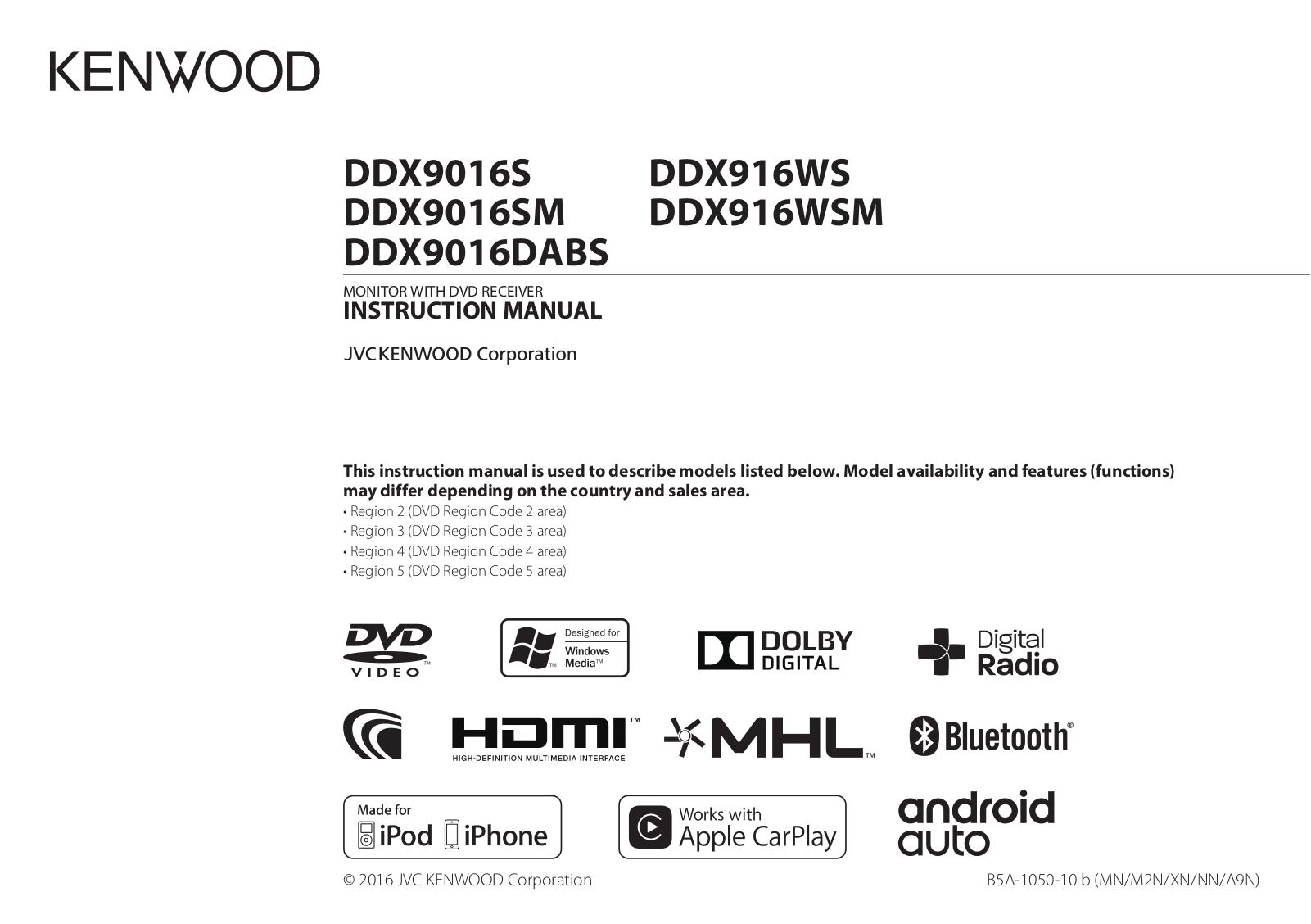 Kenwood DDX9016S, DDX916WSM, DDX9016SM, DDX9016DABS, DDX916WS Instruction Manual