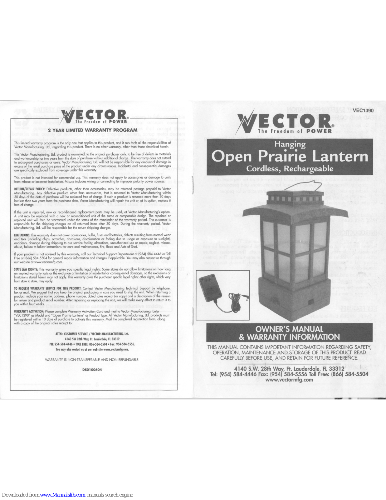 Vector VEC1390 Owner's Manual & Warranty Information