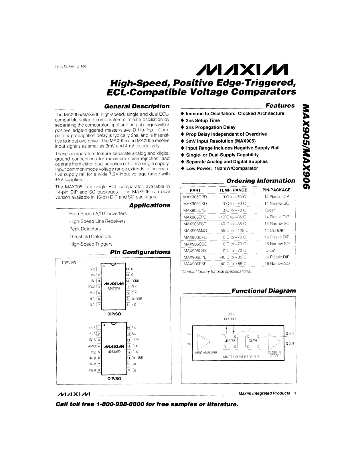 Maxim MAX905CPD, MAX905CSD, MAX905EPD, MAX906EPE, MAX906ESE Datasheet