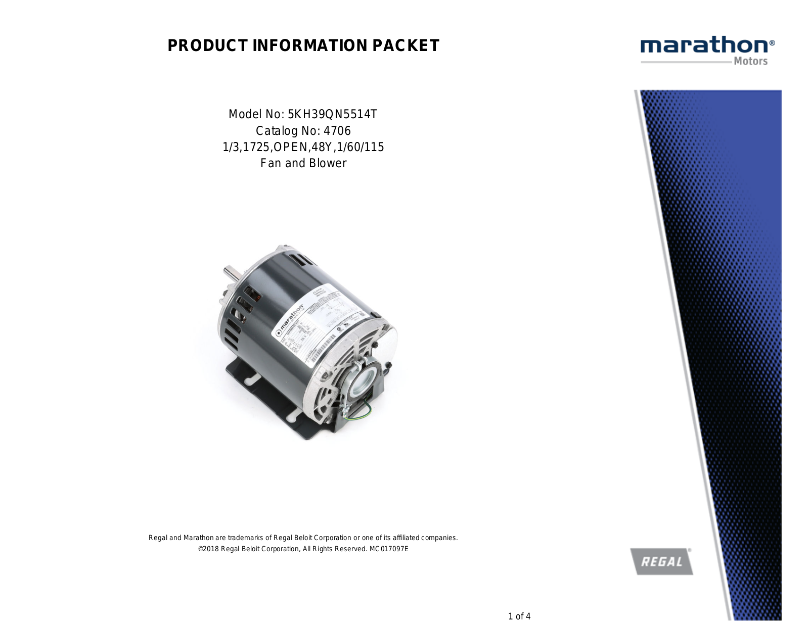 Marathon Electric 5KH39QN5514T Product Information Packet