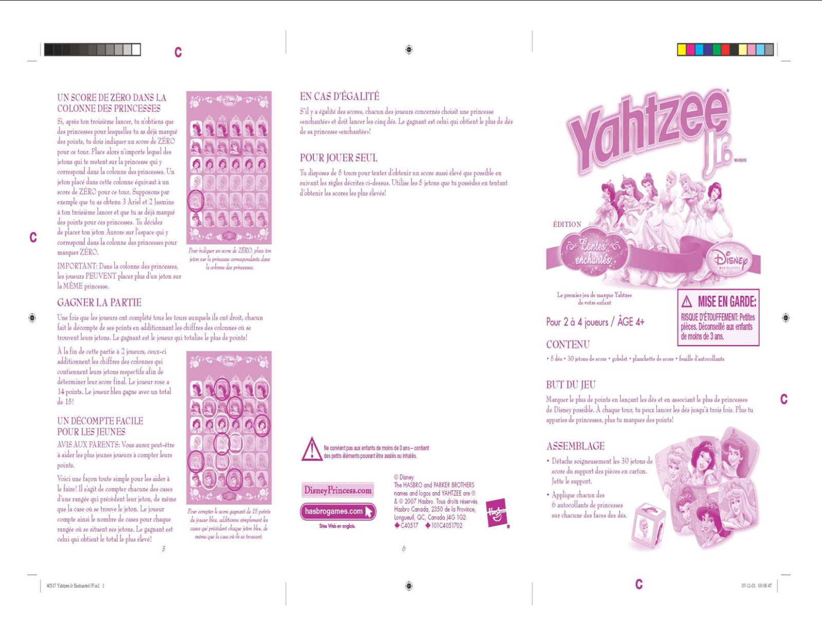 HASBRO YAHTZEE JR DISNEY PRINCESS User Manual