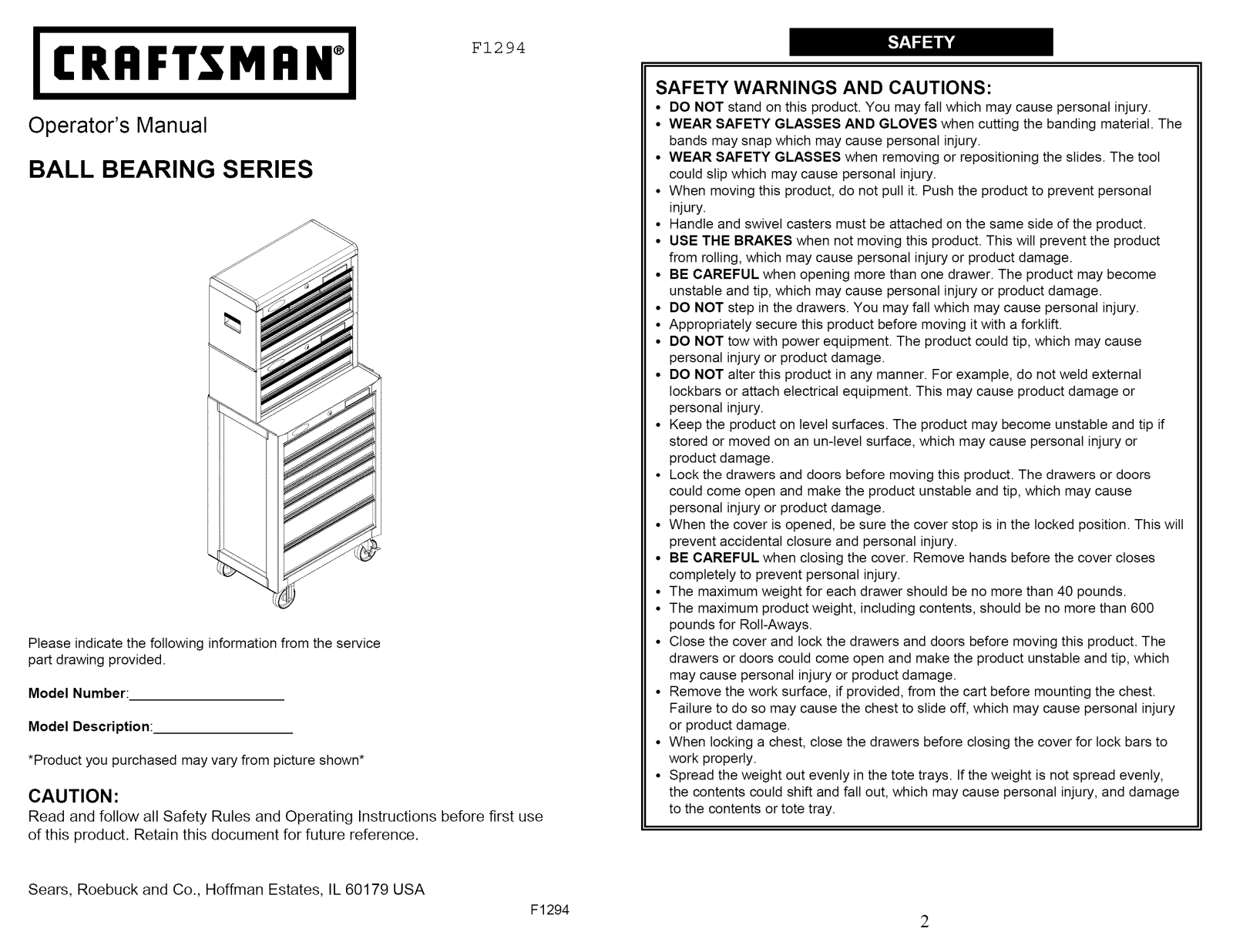 Craftsman 706127371, 706136201, 706136510, 706136570, 706620200 Owner’s Manual