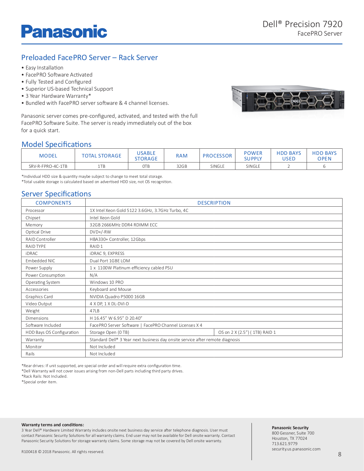 Panasonic SRV-R-FPRO-4C-1TB Specsheet