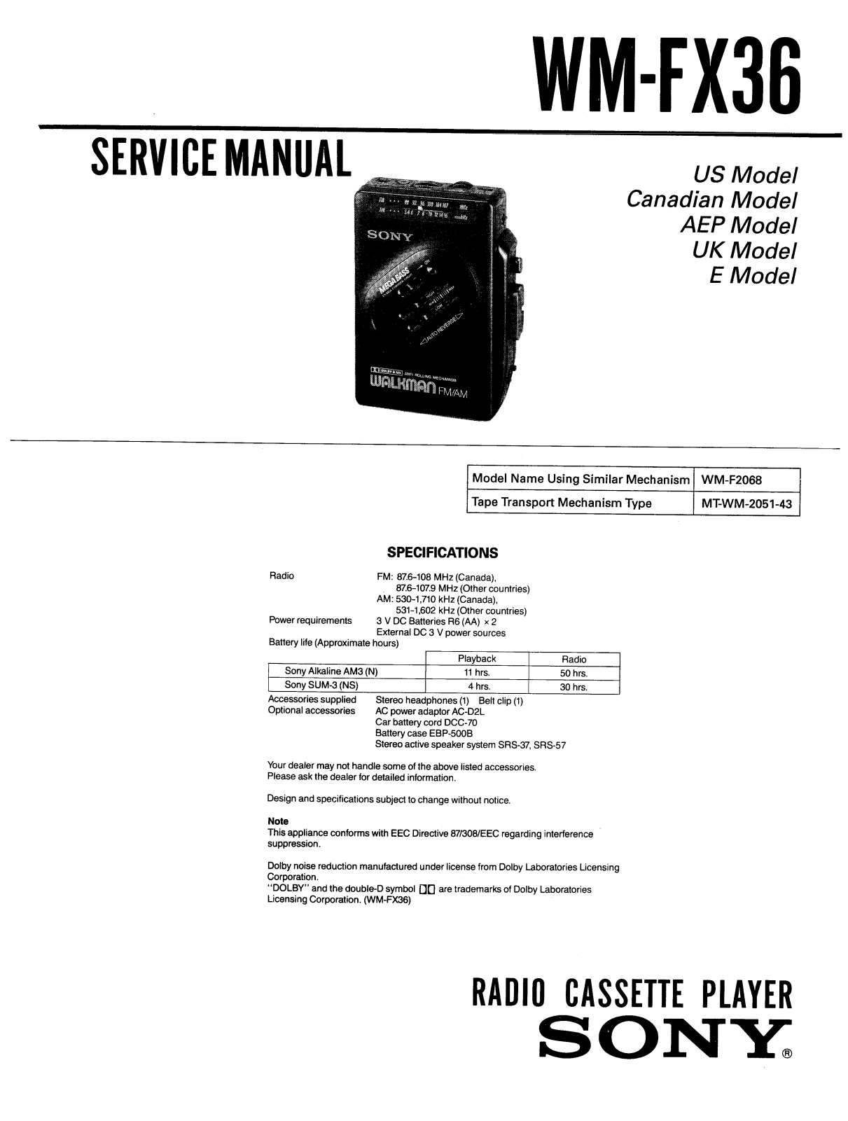 Sony WMFX-36 Service manual