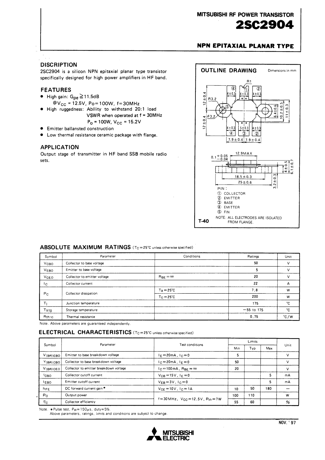 Mitsubishi Electric Corporation Semiconductor Group 2SC2904 Datasheet