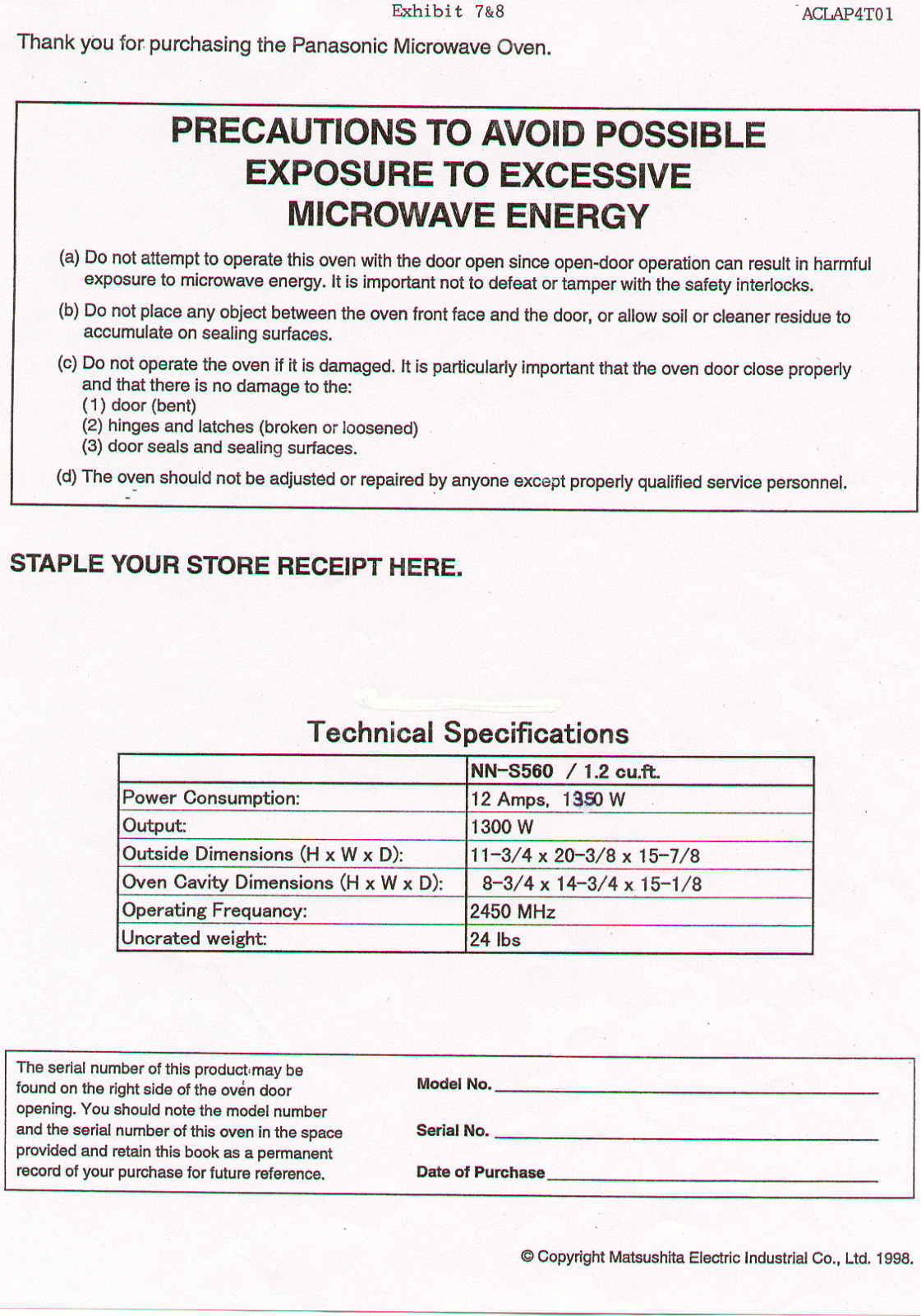 Panasonic AP4T01 Operators Manual Precautions and Specifications