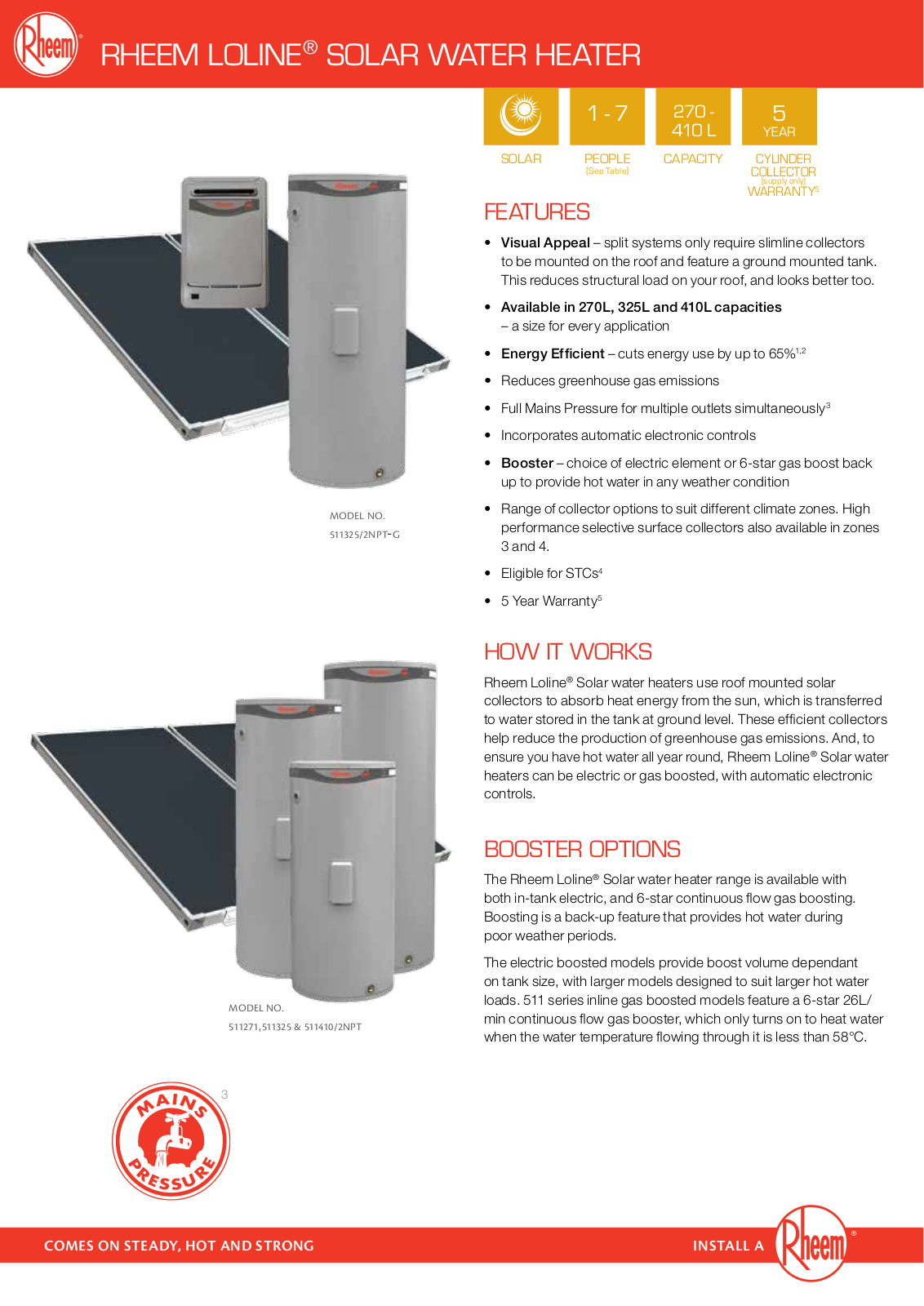 Rheem 511271-2NPT-G, 511325-2NPT-G, 511410-3NPT-G, 511271-2NPT, 511325-2NPT Specifications Sheet