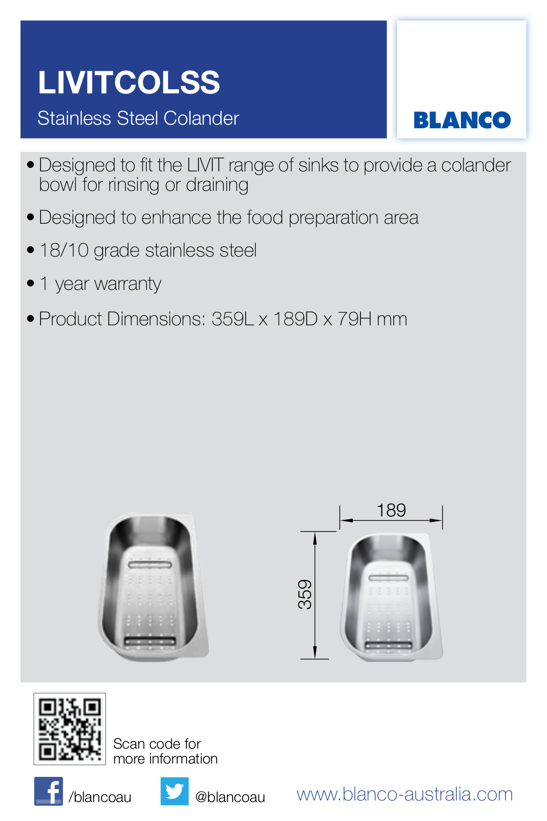 Blanco LIVITCOLSS Specifications Sheet