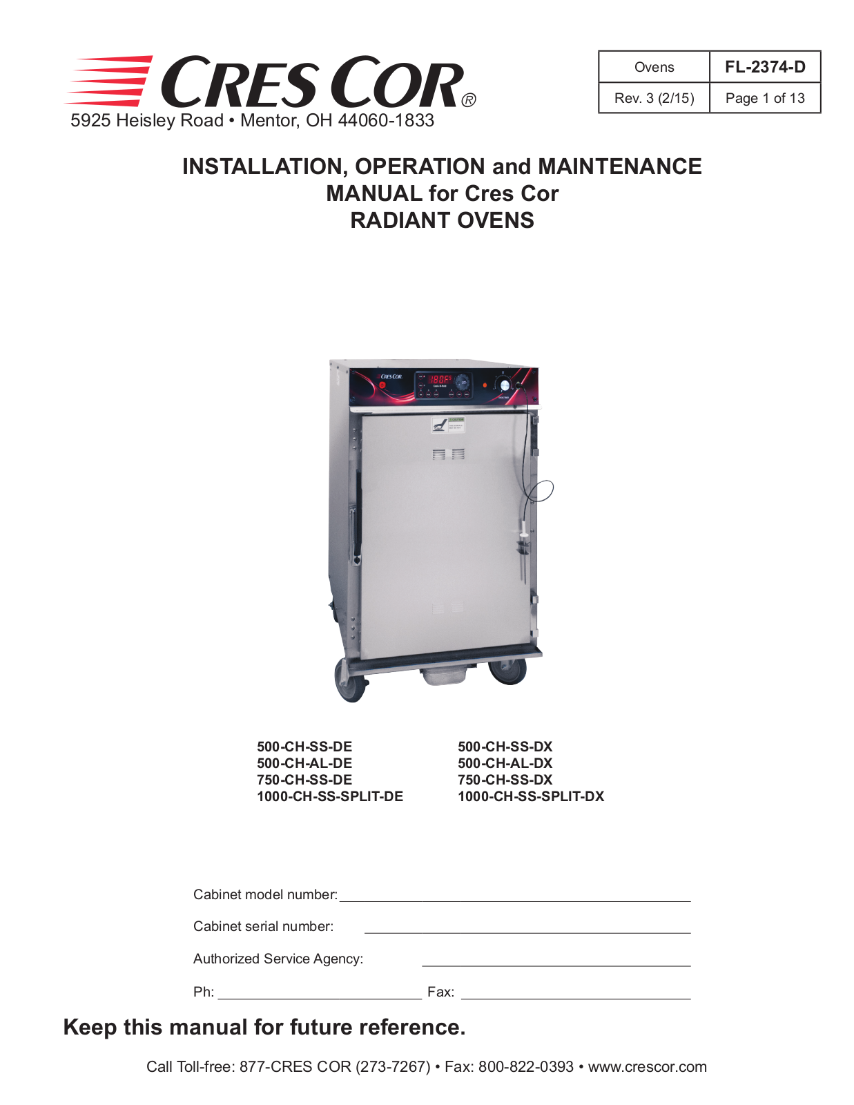 Cres Cor 500-CH-SS-DE, 500-CH-SS-DX, 500-CH-AL-DE, 500-CH-AL-DX, 750-CH-SS-DE User Manual