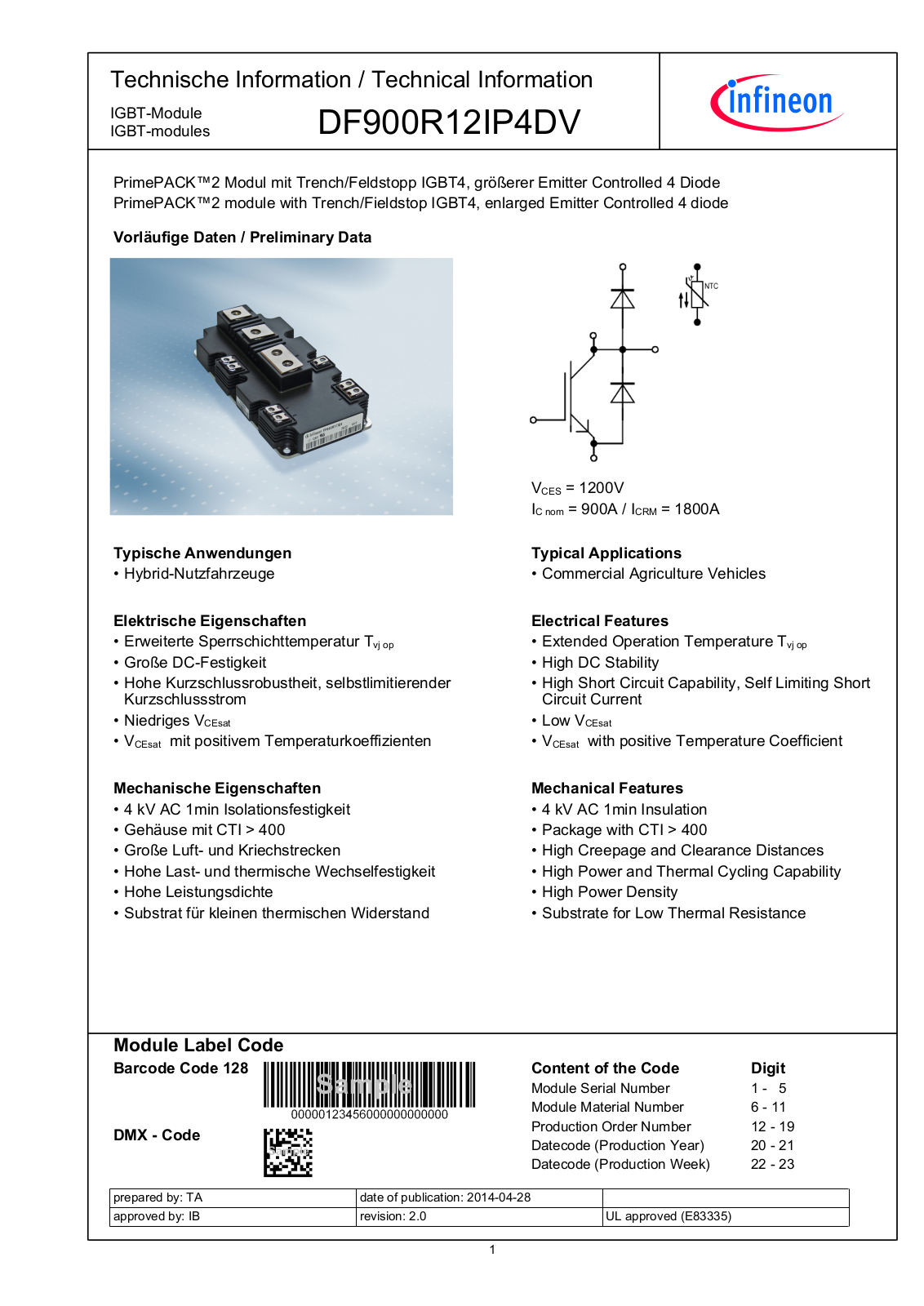 Infineon DF900R12IP4DV Data Sheet