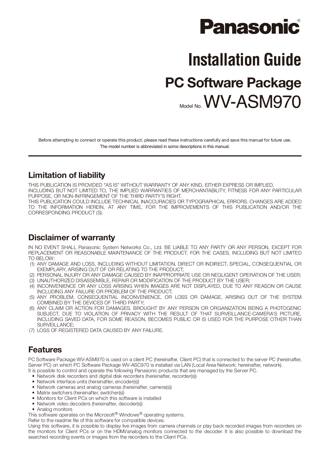 Panasonic WV-ASM970 Installation Guide