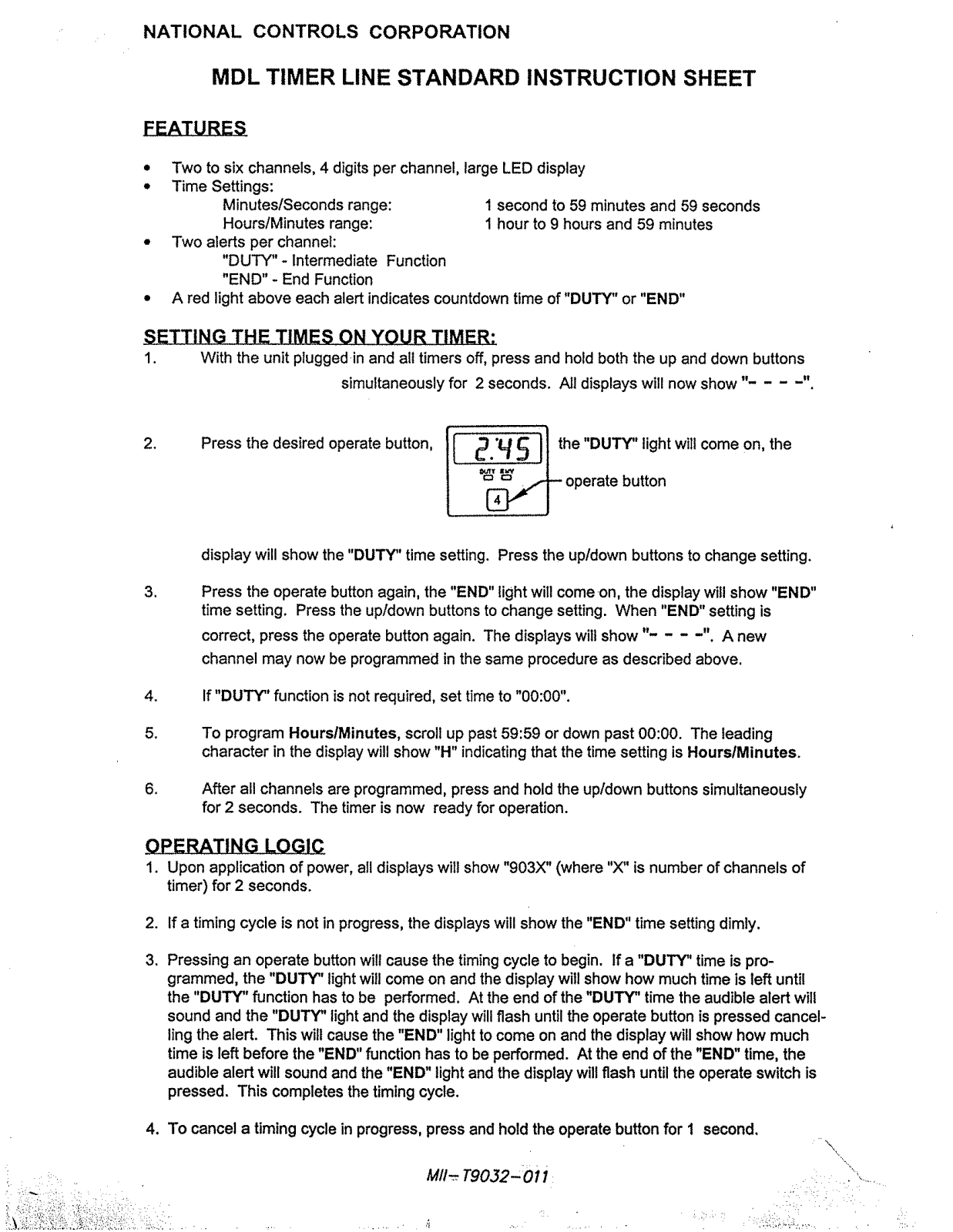 NATIONAL CONTROLS TNC-T9032-120 Installation  Manual