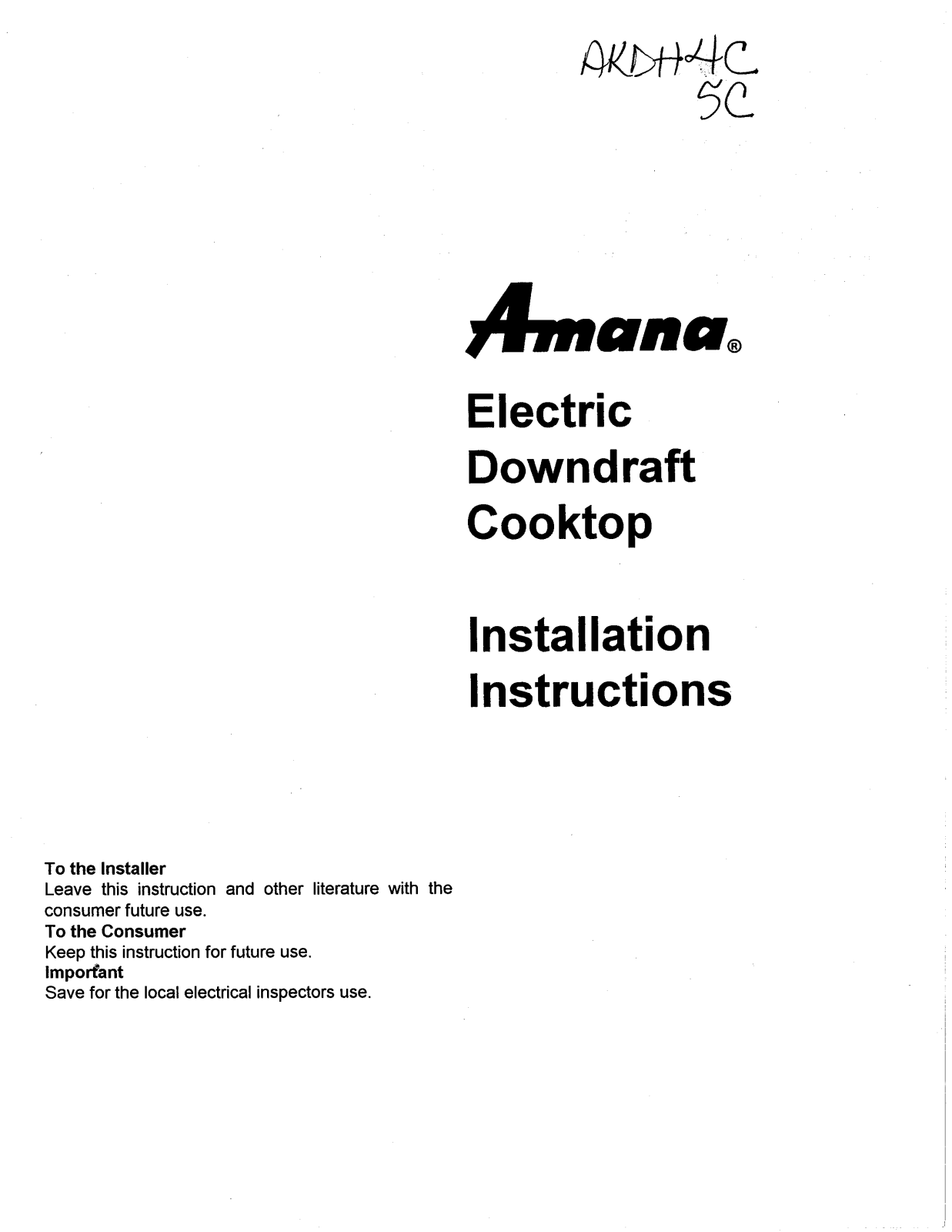 Amana AKDH4C, AKDH5C Installation Instructions