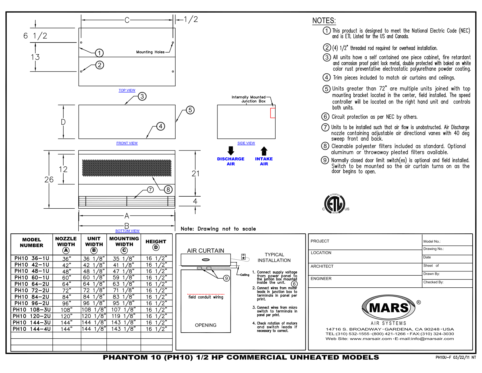 Mars Air PH10 108-3U User Manual