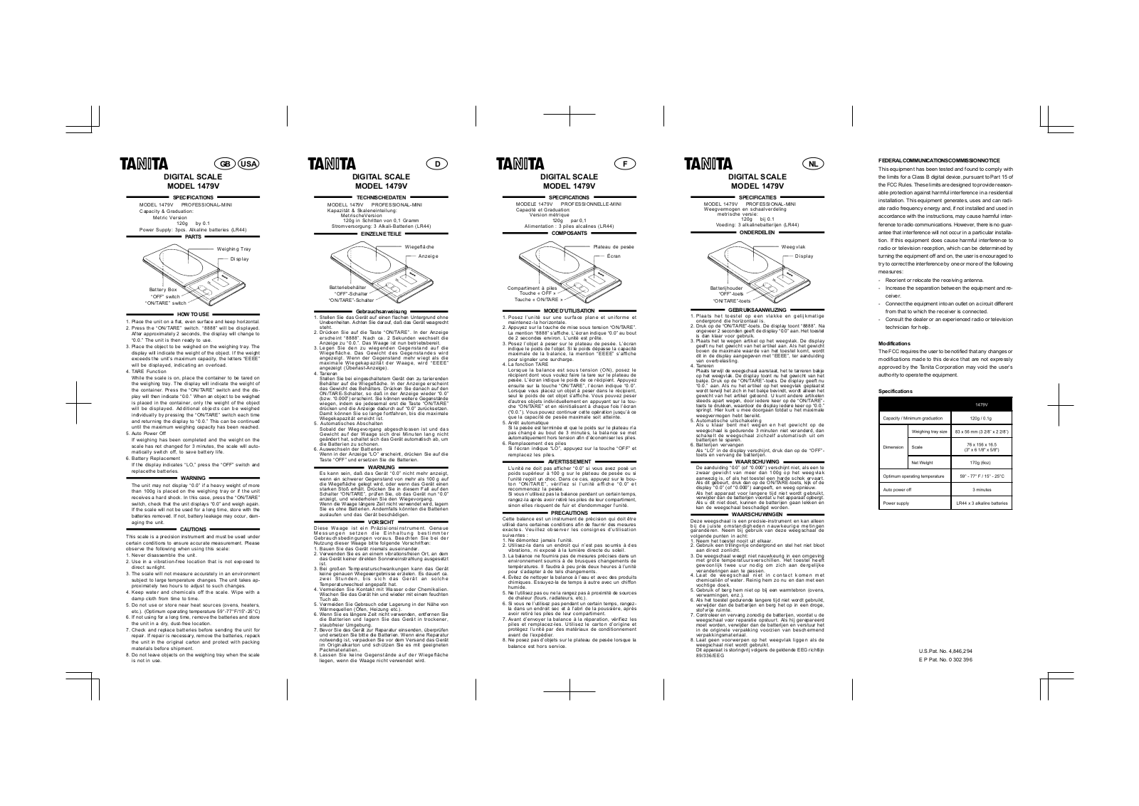 Tanita 1479V User Manual