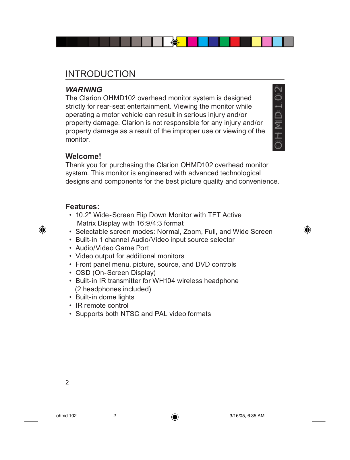 Clarion OHMD102 INSTALLATION MANUAL