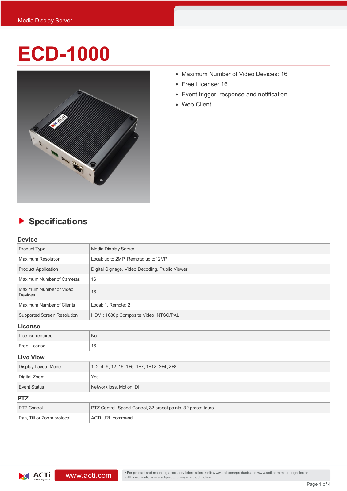 ACTi ECD-1000T Specsheet