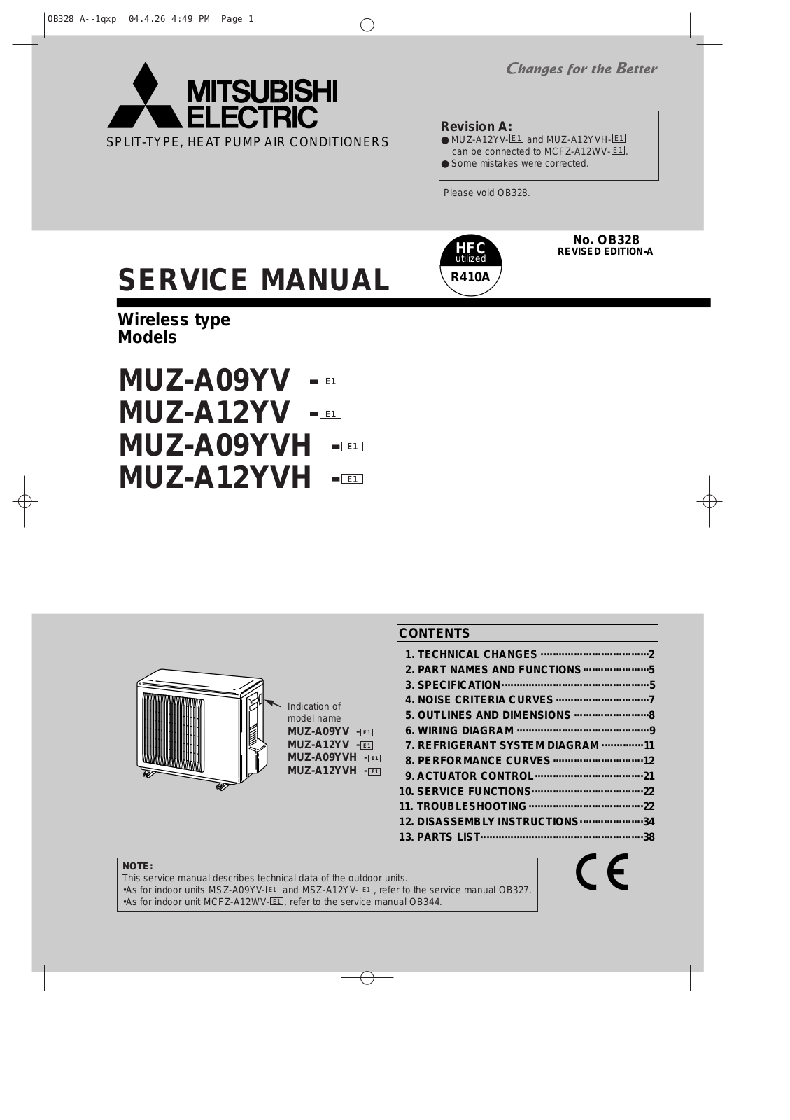 Mitsubishi MUZ-A09YV-E1, MUZ-A12YV-E1, MUZ-A09YVH-E1, MUZ-A12YVH-E1 Service Manual