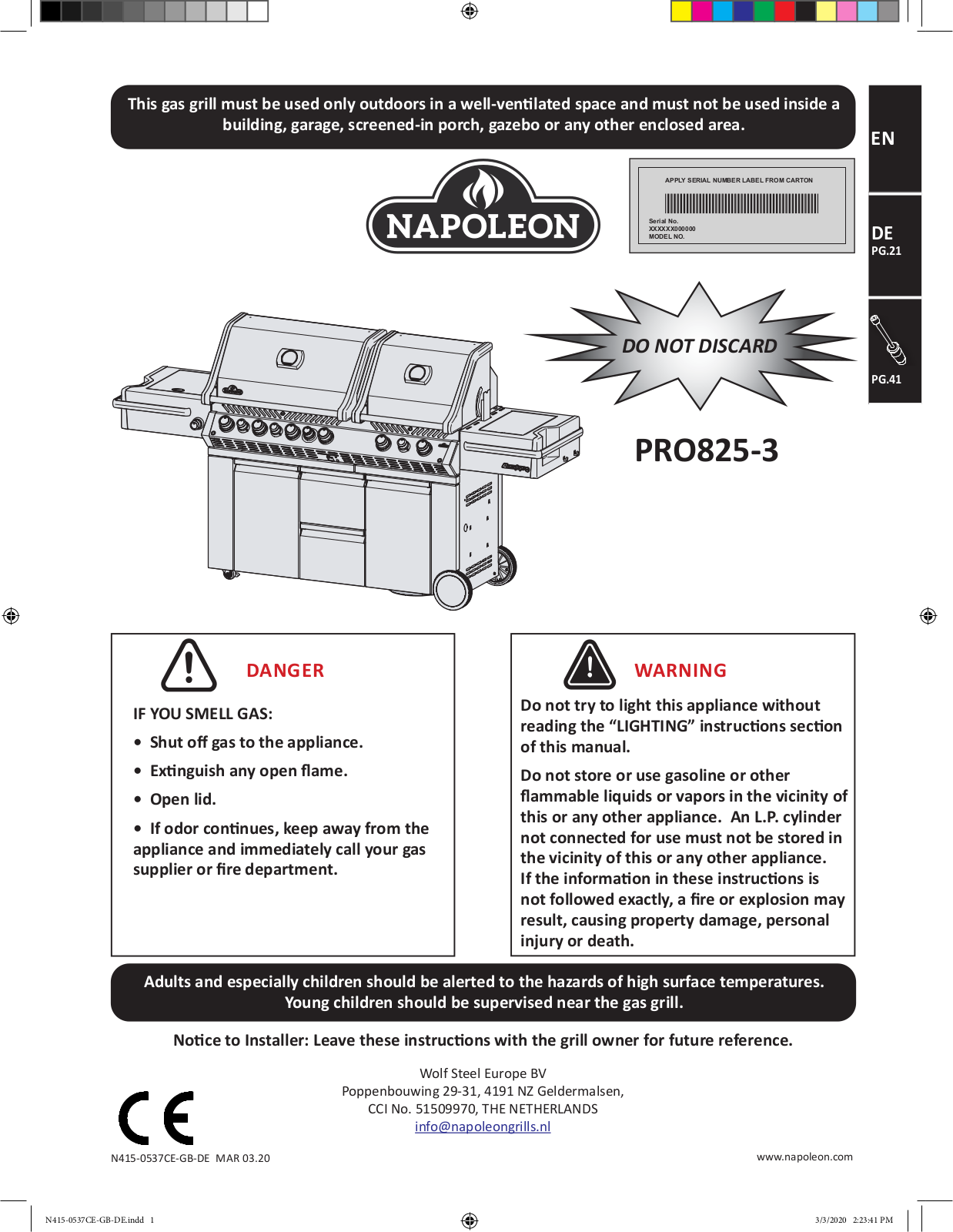 Napoleon PRO825-3 operation manual