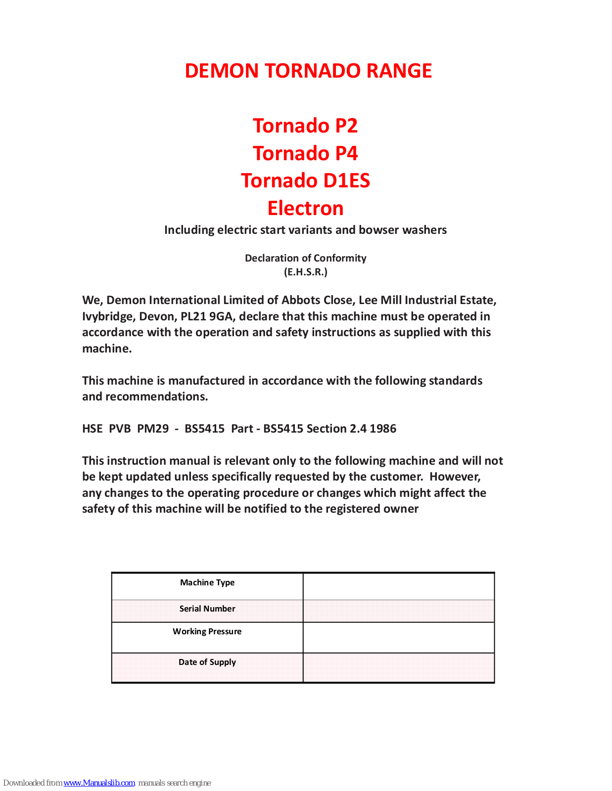 Demon Tornado P2, Tornado P4, Tornado D1ES, Electron Instruction Manual