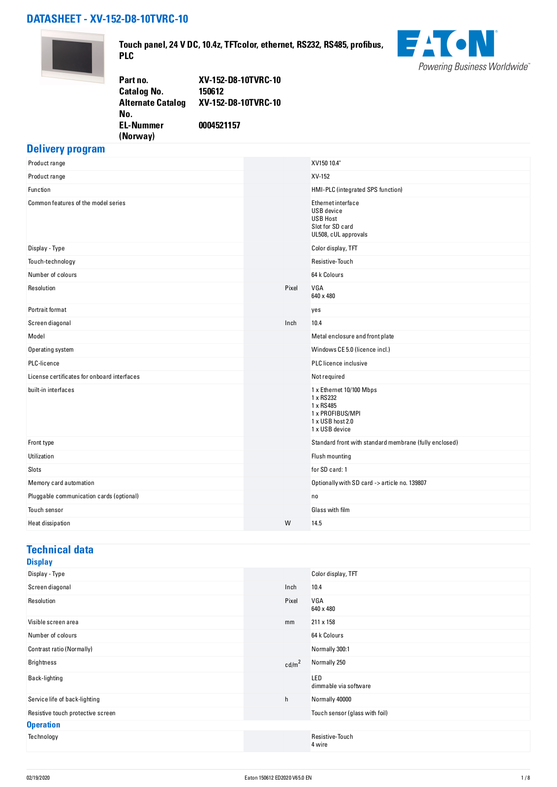 Cutler Hammer, Div of Eaton Corp XV-152-D8-10TVRC-10 Data Sheet