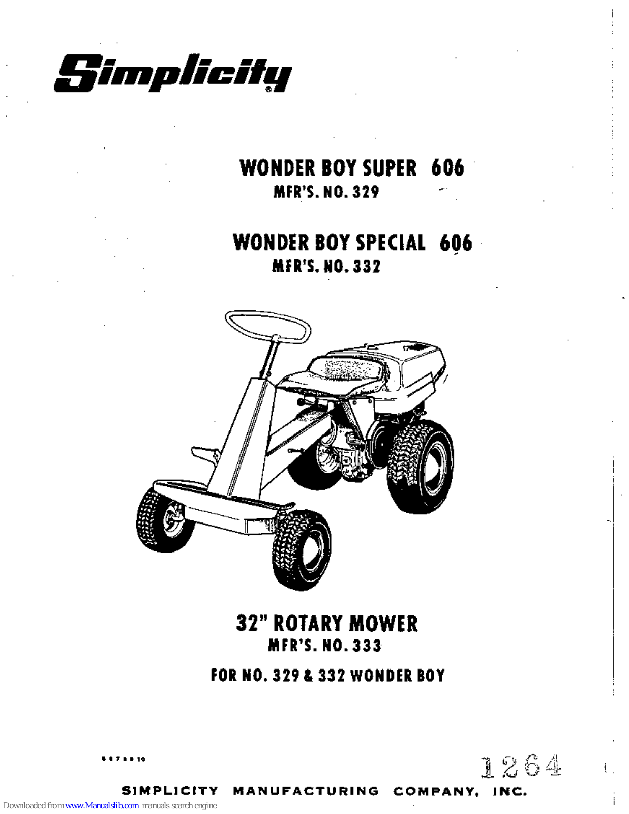 Simplicity WONDER BOY SUPER, WONDER BOY SPECIAL 606, WONDER BOY SUPER 606, 329, 332 Operator's Manual