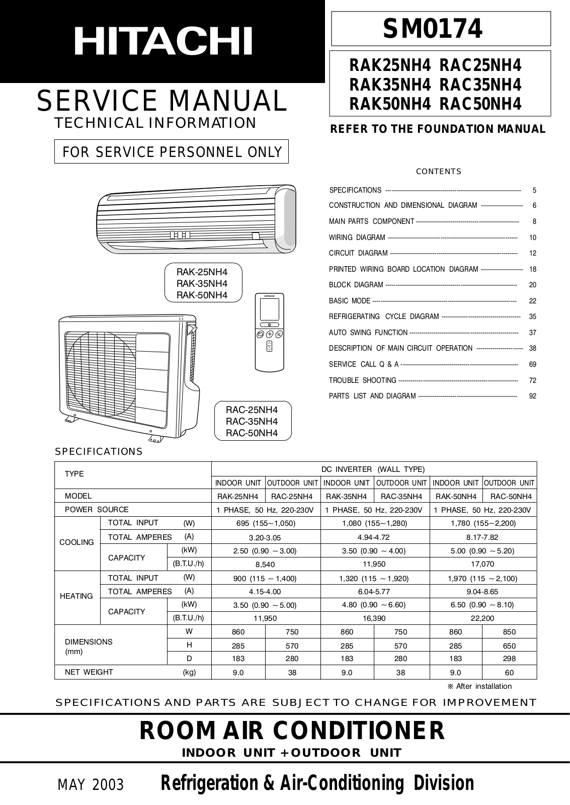 Hitachi RAK25NH4, RAK35NH4, RAK50NH4, RAC25NH4, RAC35NH4 Service manual