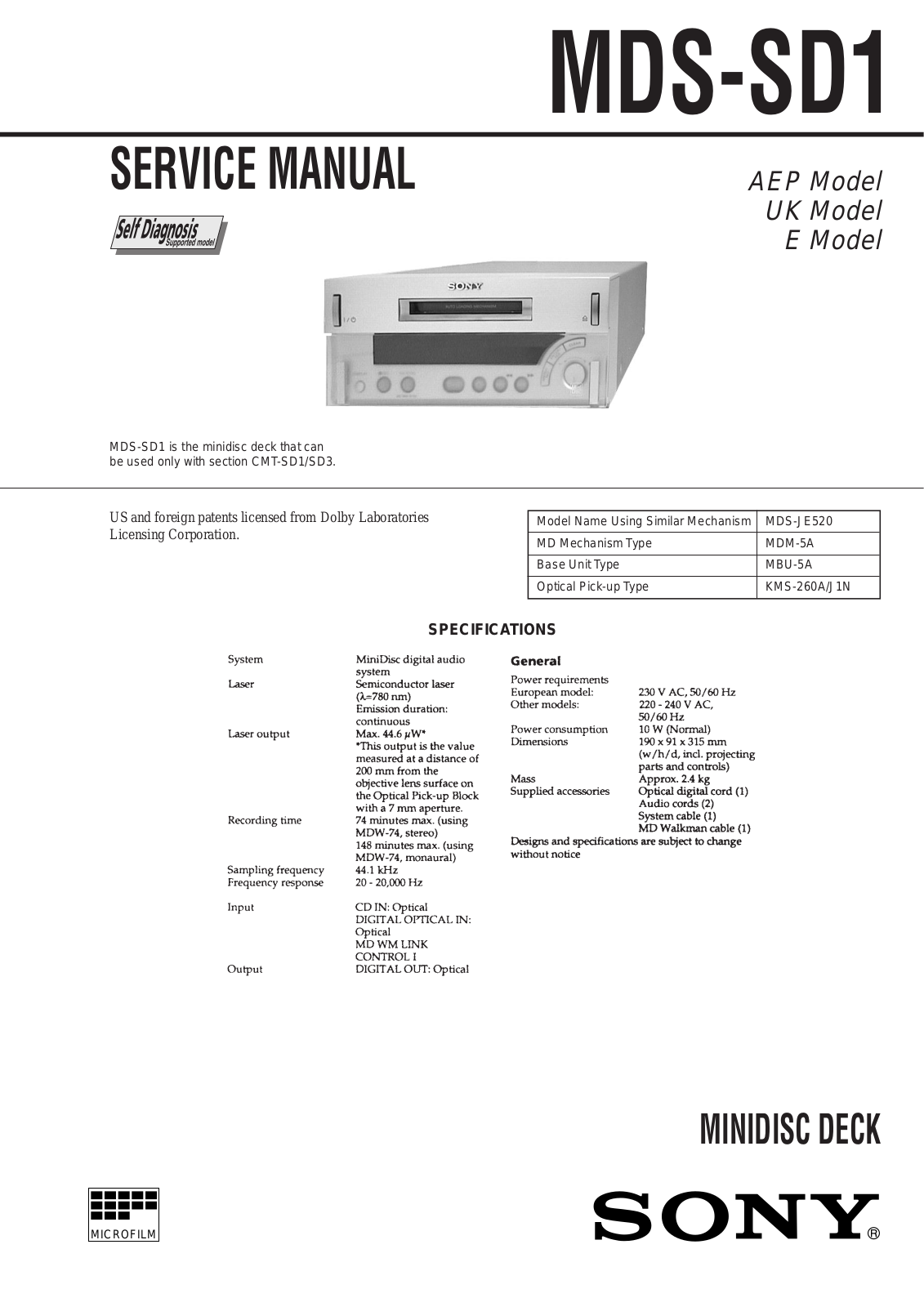 Sony MDS-SD1 User Manual