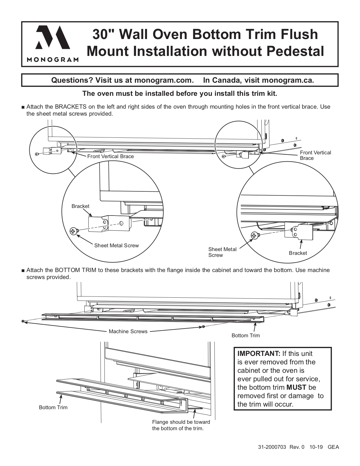 Monogram ZX30VT2, ZX30VT1 INSTALLATION INSTRUCTIONS