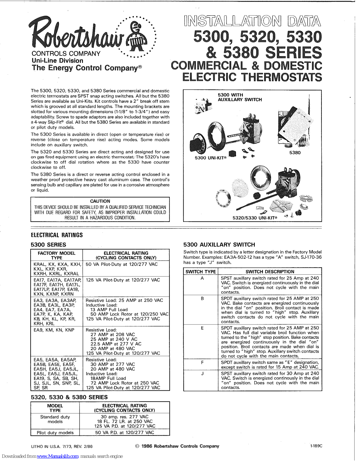 Robertshaw 5300 Series, 5320 Series, 5330 Series, 5380 Series Installation Data