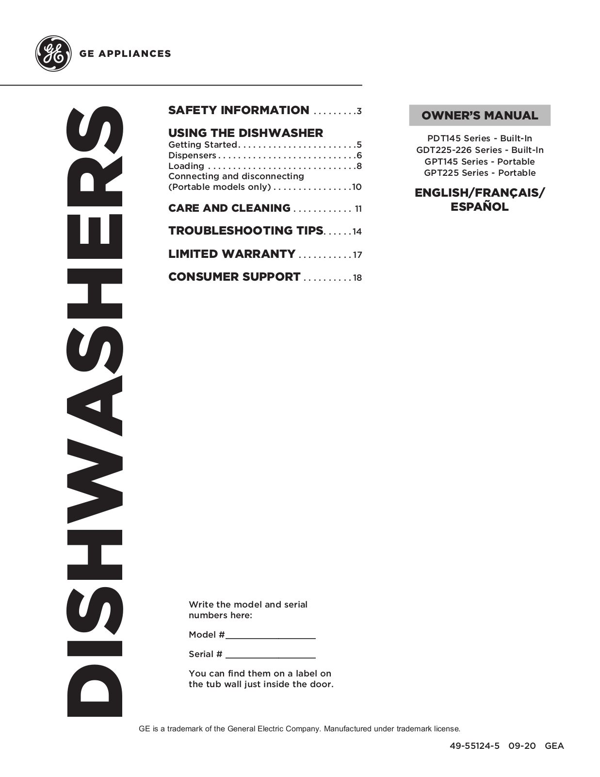 GE PDT145 Series, GDT225-226 Series, GPT145 Series, GPT225 Series Owner’s Manual