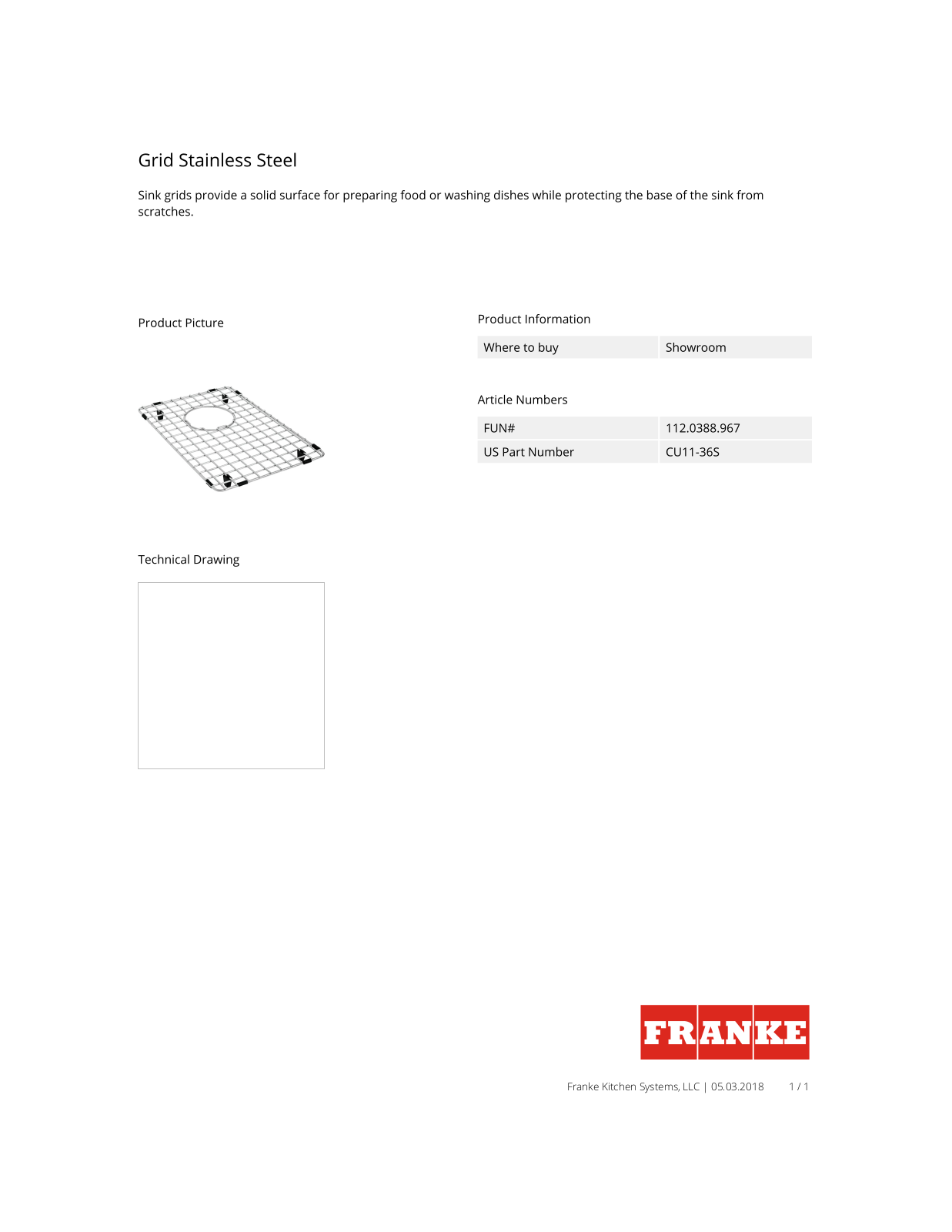 Franke CU11-36S Specifications