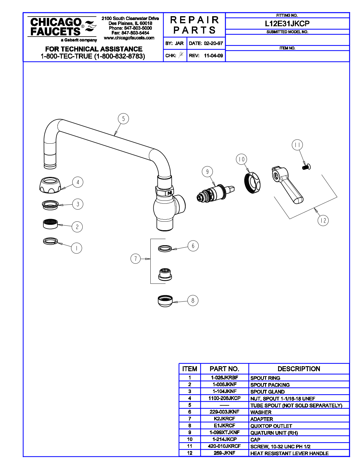 Chicago Faucet L12E31JKCP Parts List