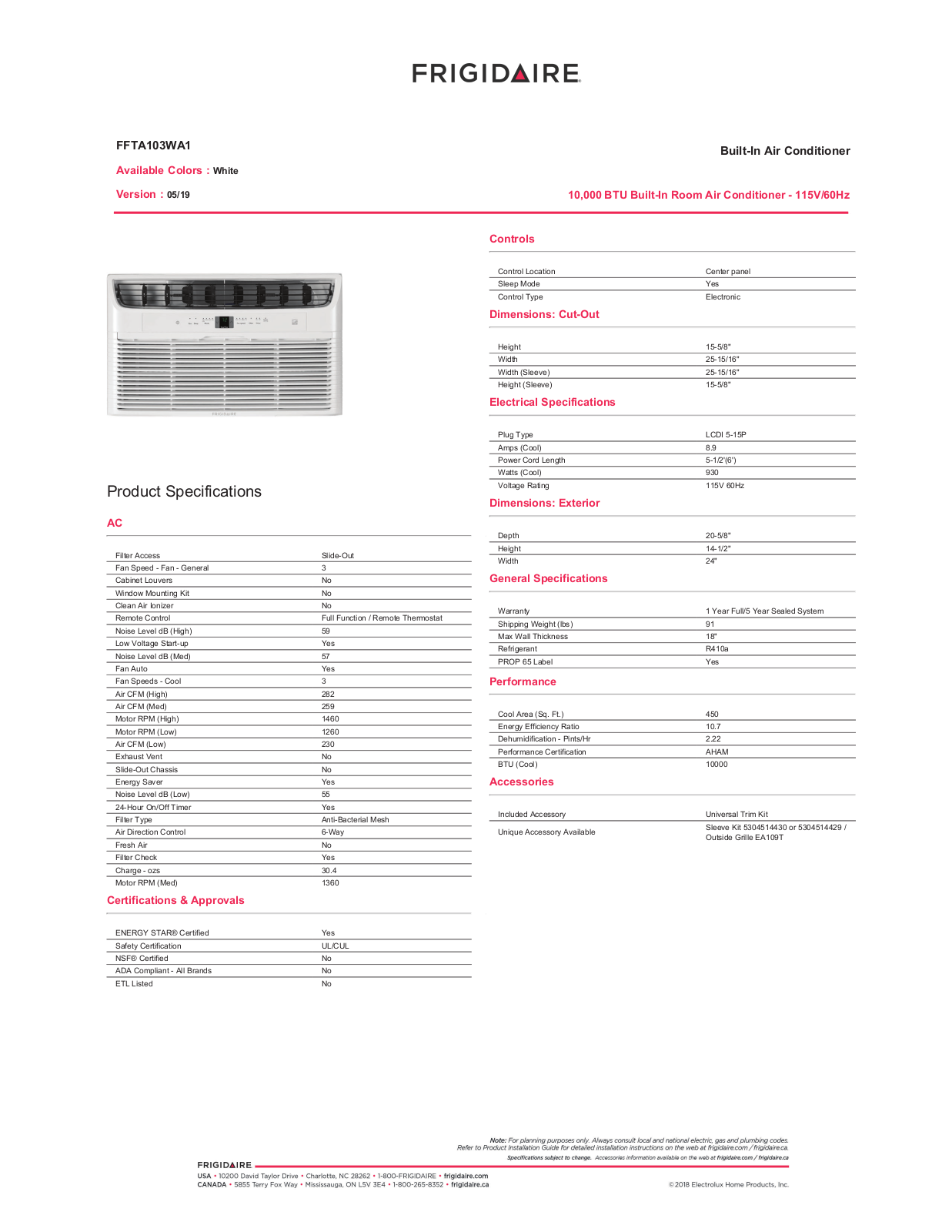 Frigidaire FFTA103WA1 Specifications