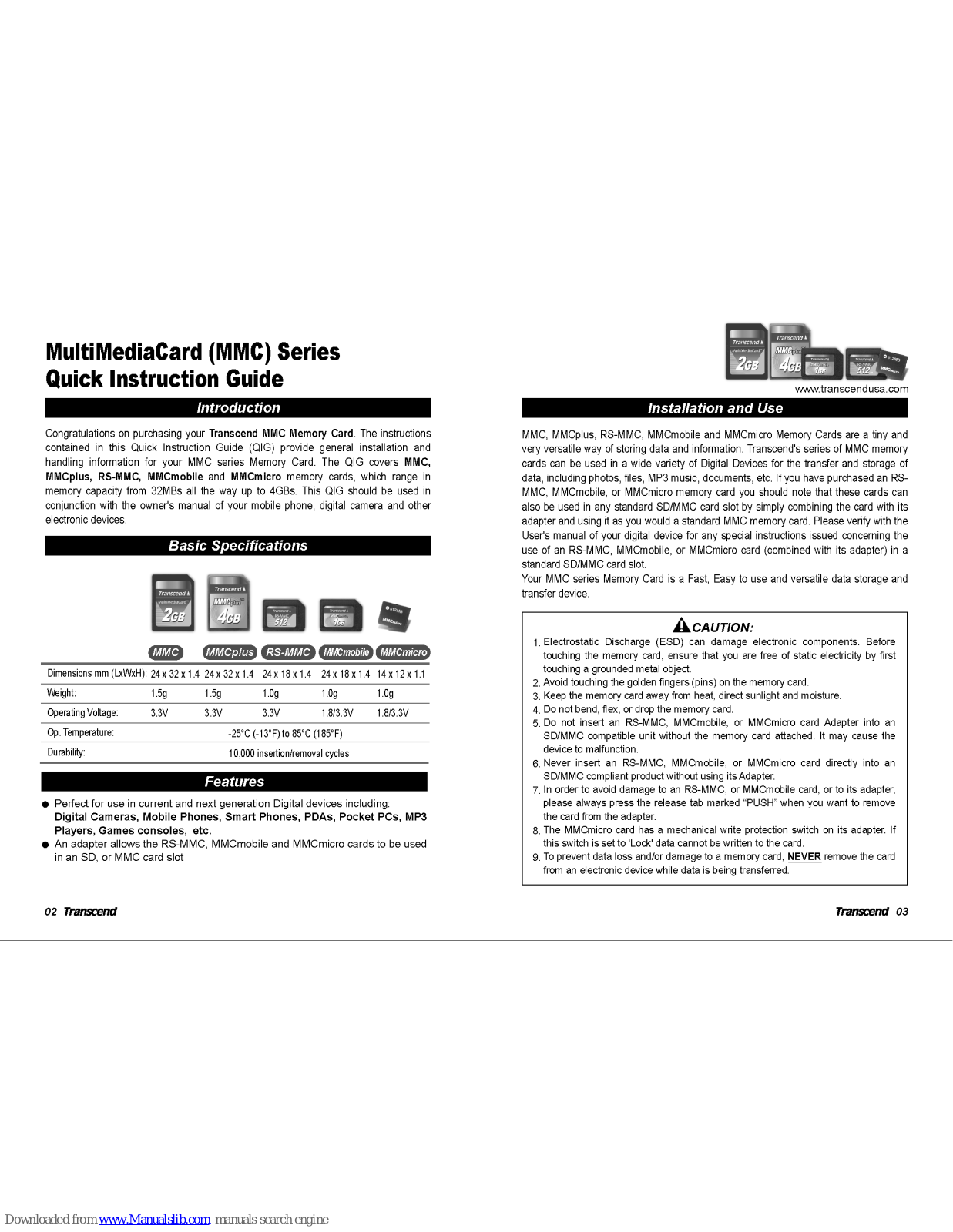 Transcend MMC Series, MMCmicro, MMCmobile, MMCplus, RS-MMC Quick Instruction Manual