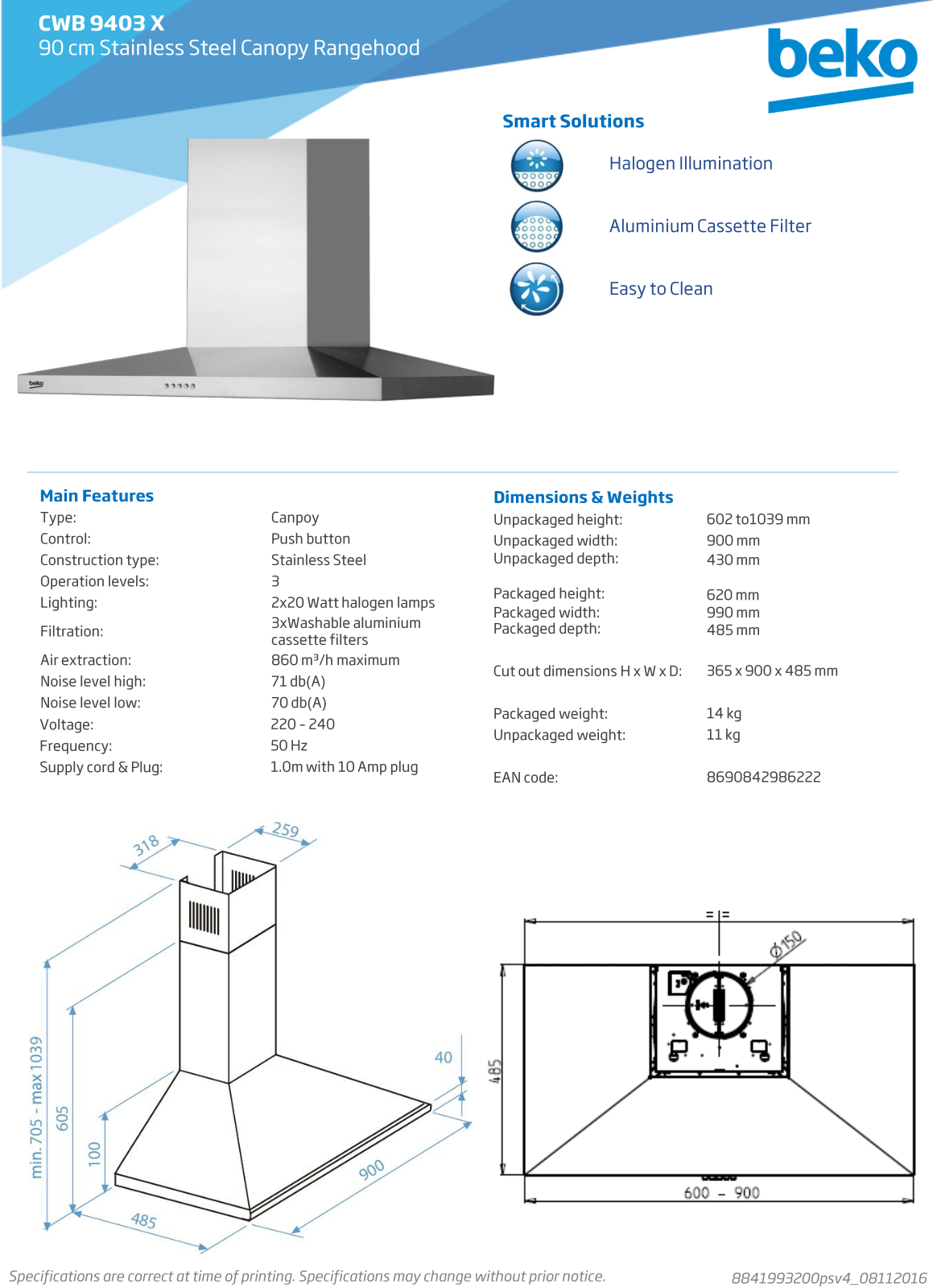 Beko CWB9403X Specifications Sheet