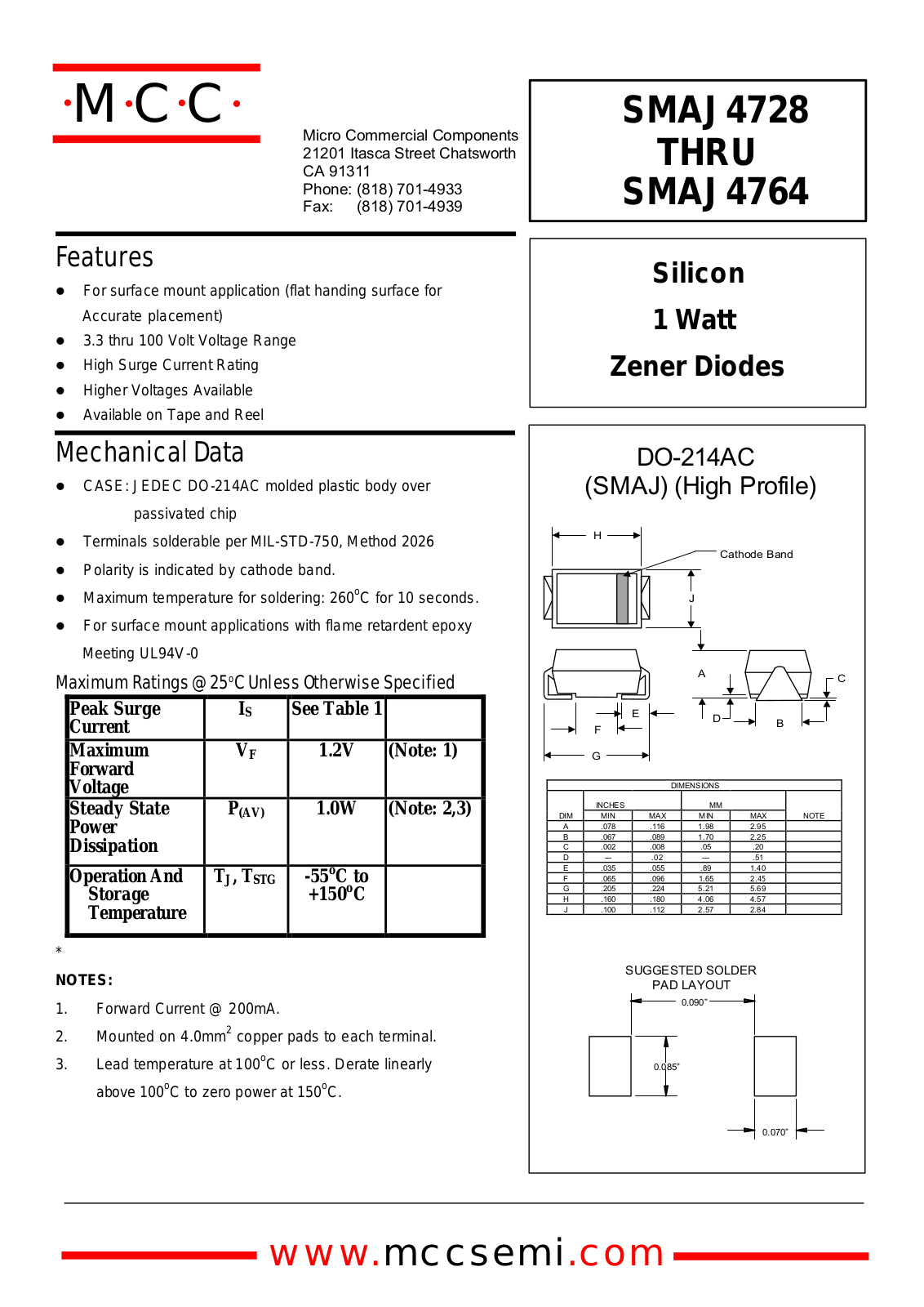 MCC SMAJ4762A, SMAJ4763A, SMAJ4764A, SMAJ4754A, SMAJ4755A Datasheet