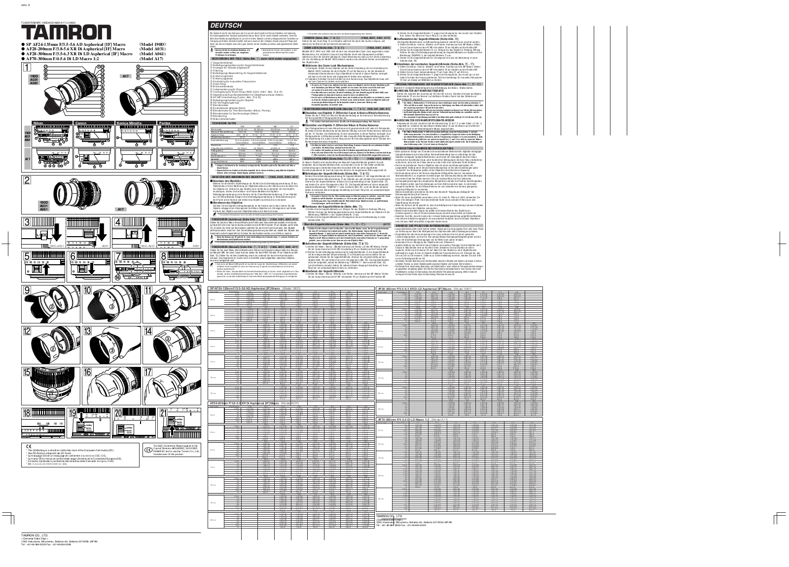 Tamron AF28-200mm F/3.8-5.6 XR Di Aspherical [IF] Macro, SP AF24-135mm F/3.5-5.6 AD Aspherical [IF] Macro, AF28-300mm F/3.5-6.3 XR Di LD Aspherical [IF] Macro User Manual