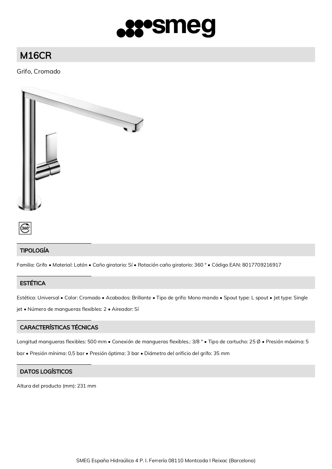 Smeg M16CR Product Information Sheet