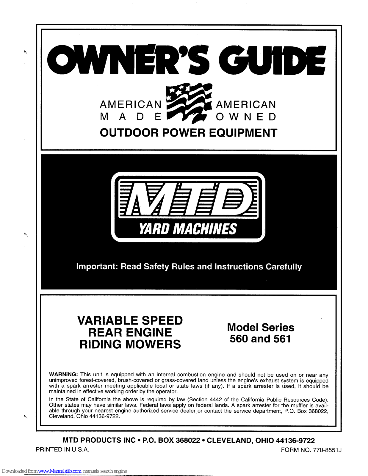 Yard Machines 560, 561 Owner's Manual