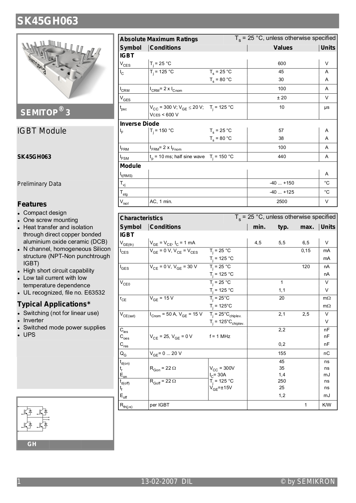 Semikron SK45GH063 Data Sheet