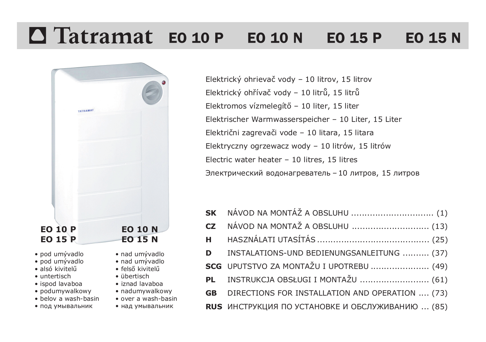 TATRAMAT EO 10 P, EO 10 N, EO 15 P, EO 15 N User guide