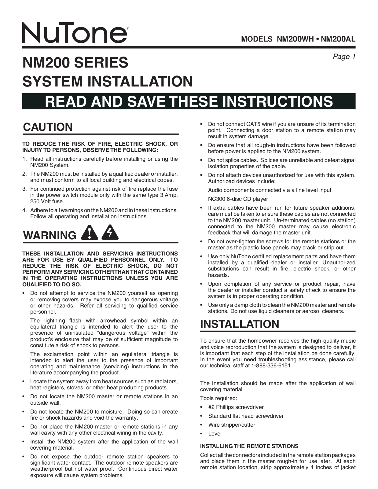 NuTone NM200WH, NM200AL User Manual