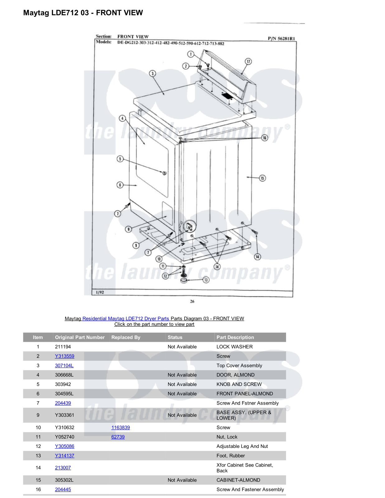 Maytag LDE712 Parts Diagram