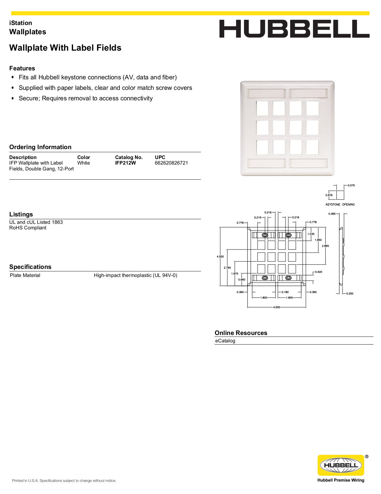 Hubbell IFP212W Specifications